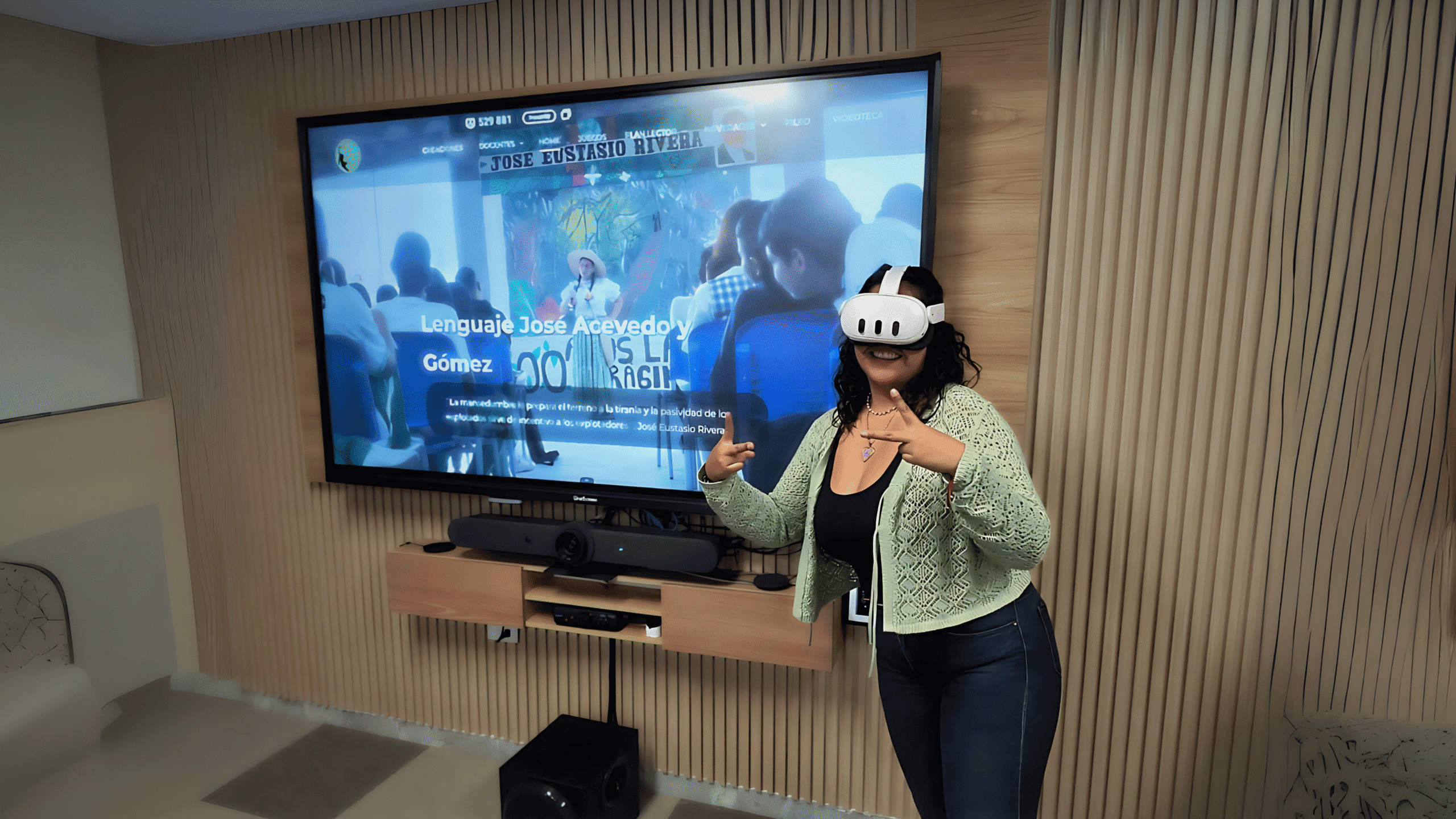 Tecnología de realidad virtual en aula educativa, alumna usando gafas de VR para aprender con innovación, profe ana, enseñanza moderna en Colombia.